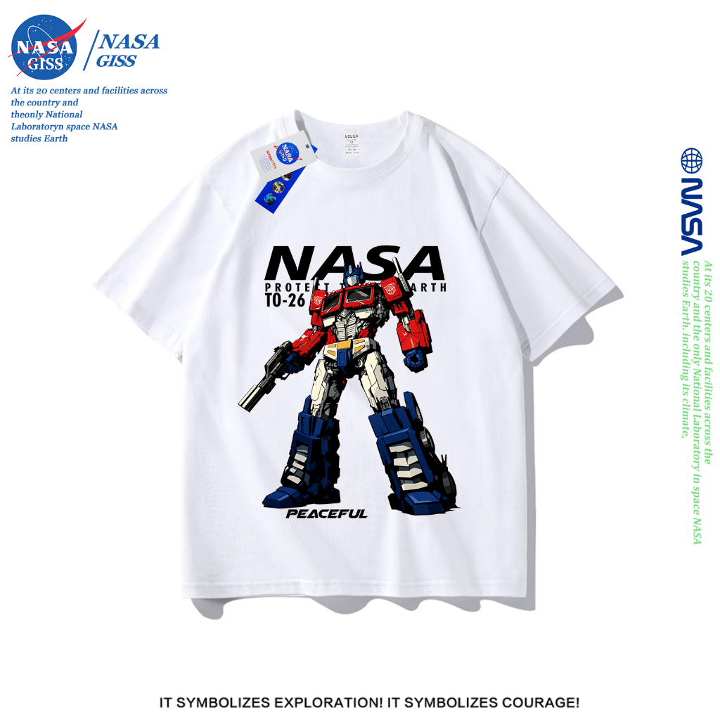 NASA เสื้อยืดชายหญิงแขนสั้น สตรีทฮิปฮอป summer nasaTransformers พิมพ์ลาย คอตตอน คอกลม หลวมและระบายอากาศ