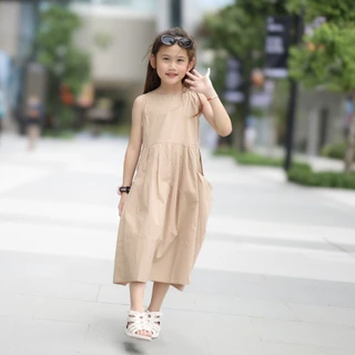 B&R Kids【ชุดเดรสเด็กผู้หญิง】ส่งจากไทย ชุดเดรสสีเรียบแฟชั่น ไร้แขน สไตล์เกาหลี น่ารัก ผ้าฝ้ายนุ่ม ใส่สบาย