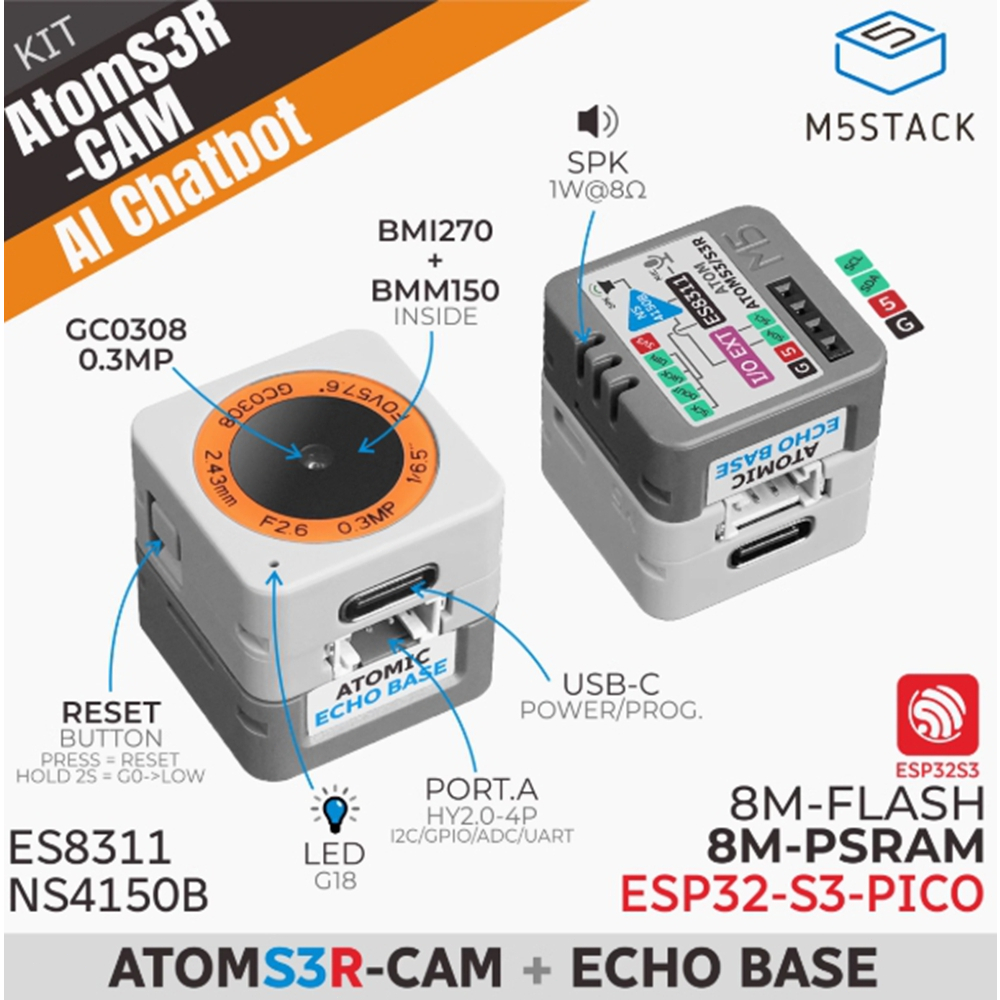 M5Stack AtomS3R-CAM AI Chatbot Xiage Xiaozhi AI Visual and Voice Assistant Kit