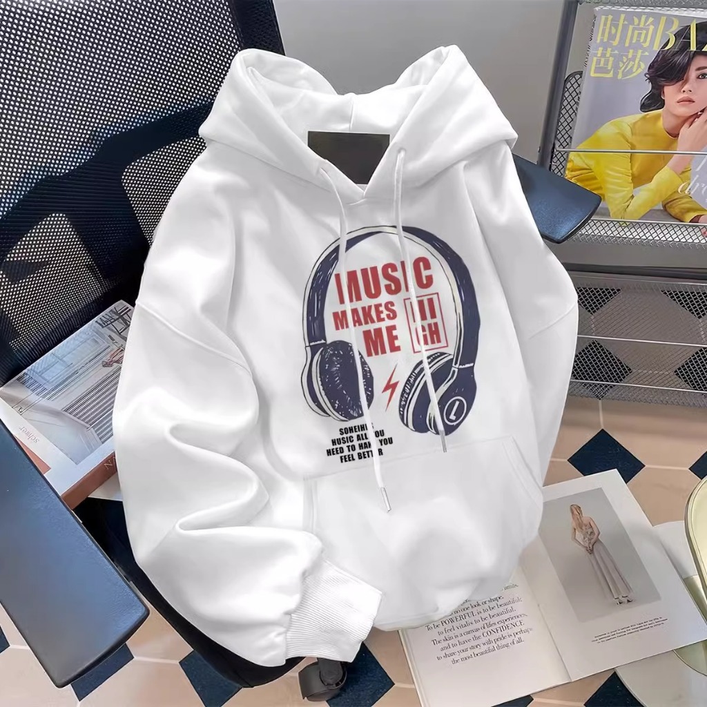 เสื้อกันหนาวมีฮู้ดสไตล์อเมริกันสตรีทพิมพ์ลายเฉพาะแขนยาวหลวมด้านบนเสื้อสเวตเตอร์มีฮู้ดแฟชั่นฤดูใบไม้ร่วงทุกเพศ