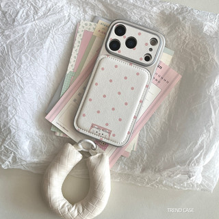 สีชมพูหวานลายจุดหนังกันกระแทกสําหรับiPhone 13 14 15 promax 16 17 Pro Max Simple Coverสร้อยข้อมือ