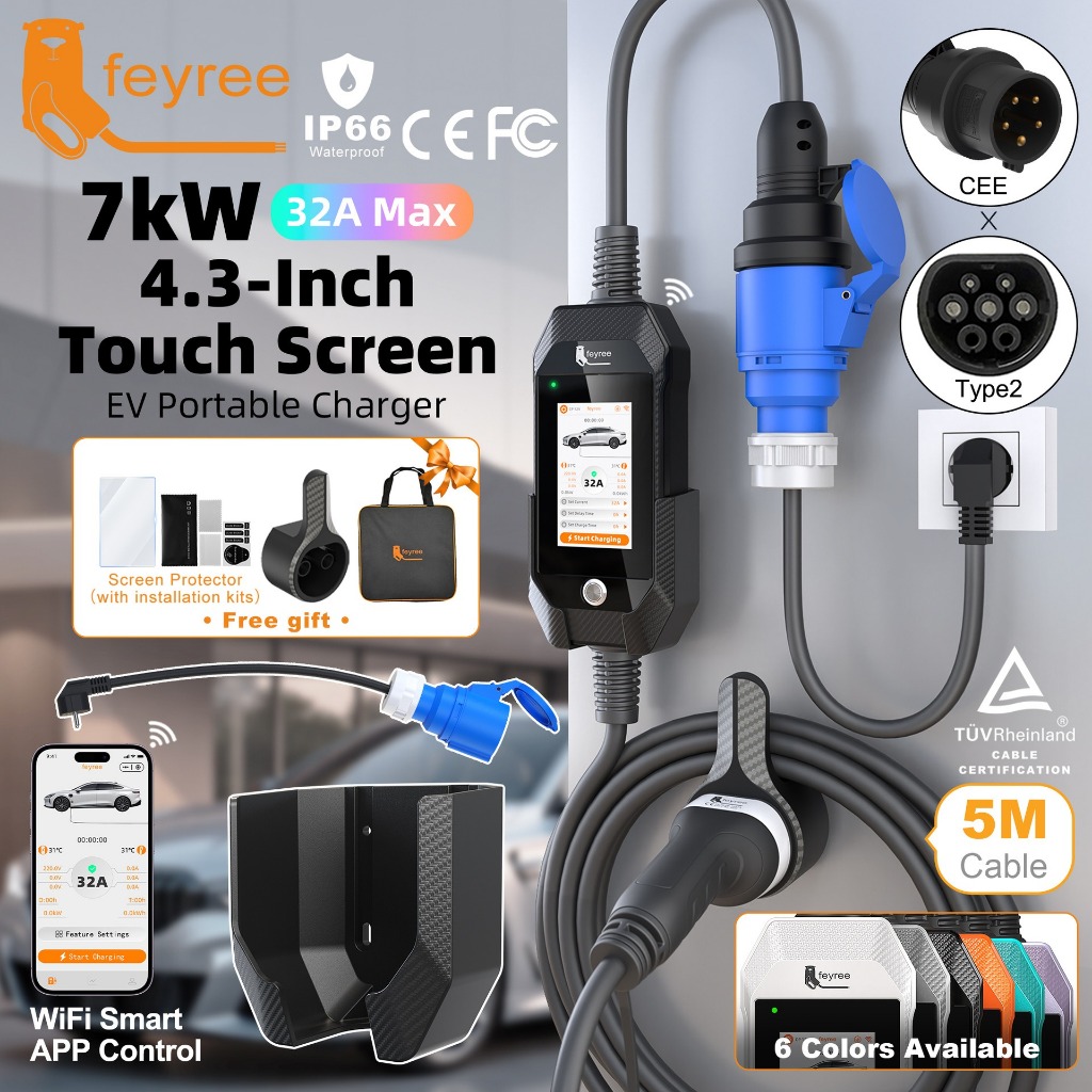 Feyree แบบพกพา EV Charger สถานีชาร์จรถยนต์ไฟฟ้าประเภท 2 7KW 32A พร้อมอะแดปเตอร์หน้าจอปรับ Current AP