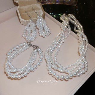 DREW 4 ชิ้นสร้อยคอมุกหลายชั้นและชุดสร้อยข้อมือผู้หญิงแฟชั่นเ…