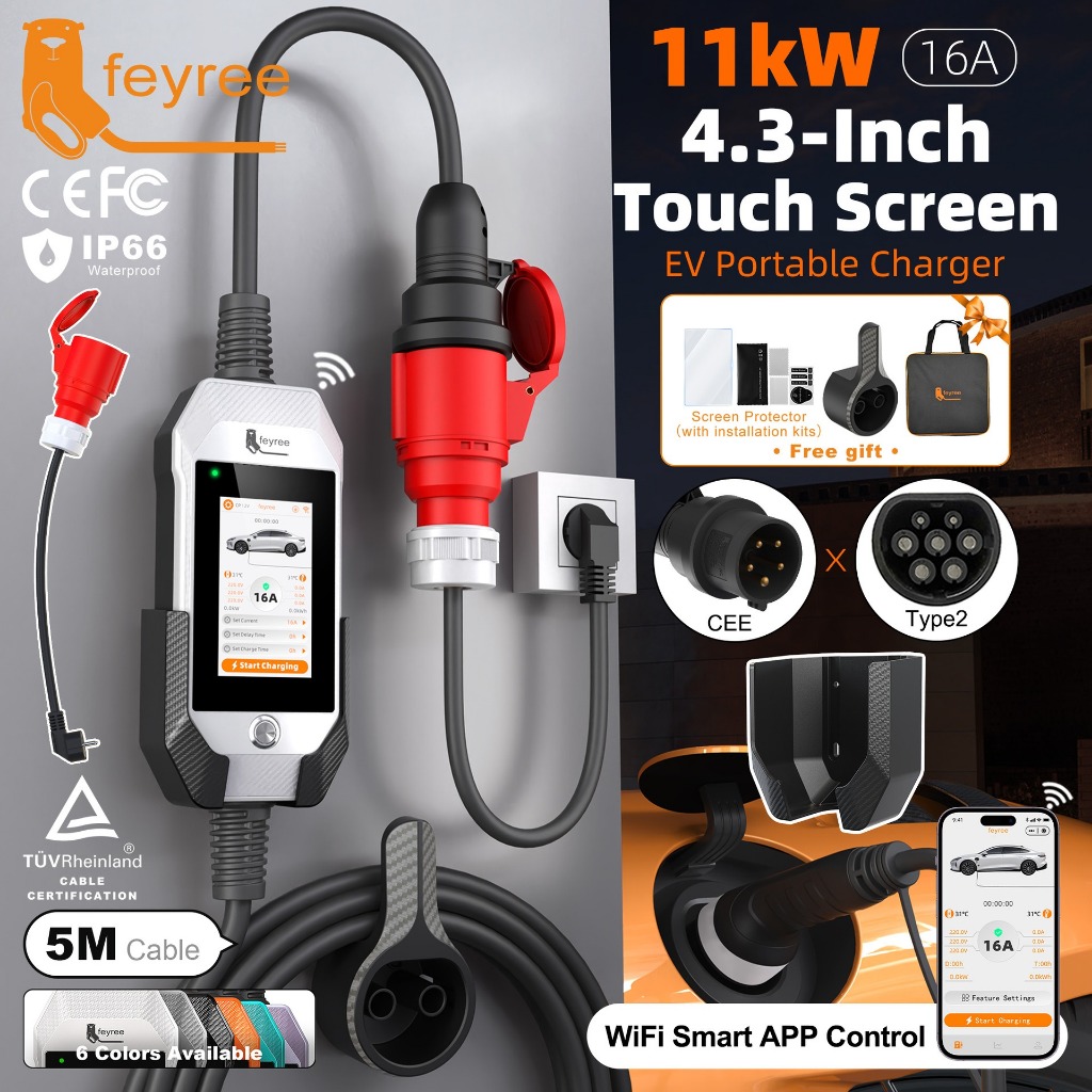 Feyree แบบพกพา EV Charger สถานีชาร์จรถยนต์ไฟฟ้าประเภท 2 11KW 32A พร้อมอะแดปเตอร์หน้าจอปรับ Current A