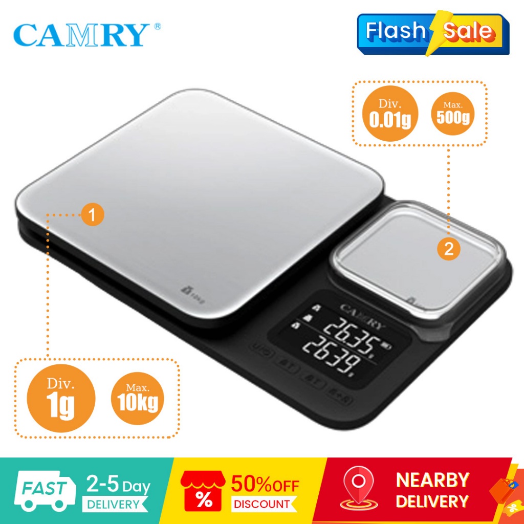 CAMRY EK2010H เครื่องชั่งอิเล็กทรอนิกส์ในครัว Dual Range & Precision จอแสดงผล LCD พื้นผิวสแตนเลส