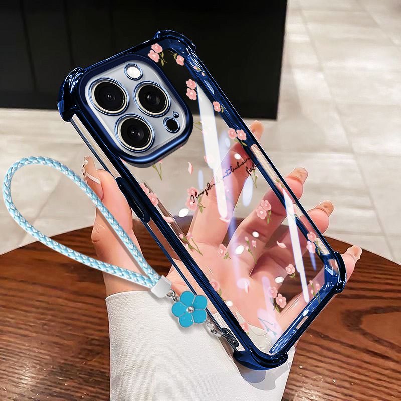VRQR Cover เข้ากันได้กับ Iphone 11 12 13 14 15 Pro MAX พิมพ์ดอกไม้กันกระแทกเคสโทรศัพท์ใสพร้อมเชือกดอกไม้