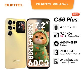 OUKITEL C68 Plus 7.2" 24GB+512GB 64MP+8MP Camera Android 15 Cellphone FHD+ Smartphone 120Hz Display 6000 mAh NFC Speaker 95db Dual SIM