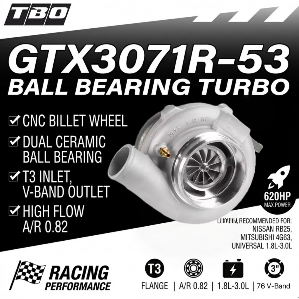 TBO GTX3071R แบริ่งบอลเซรามิกเทอร์โบ | T3 V-Band A/R 0.82 | 620HP 4" ลูกลอยฟรีทางเข้าสําหรับ RB25 4G