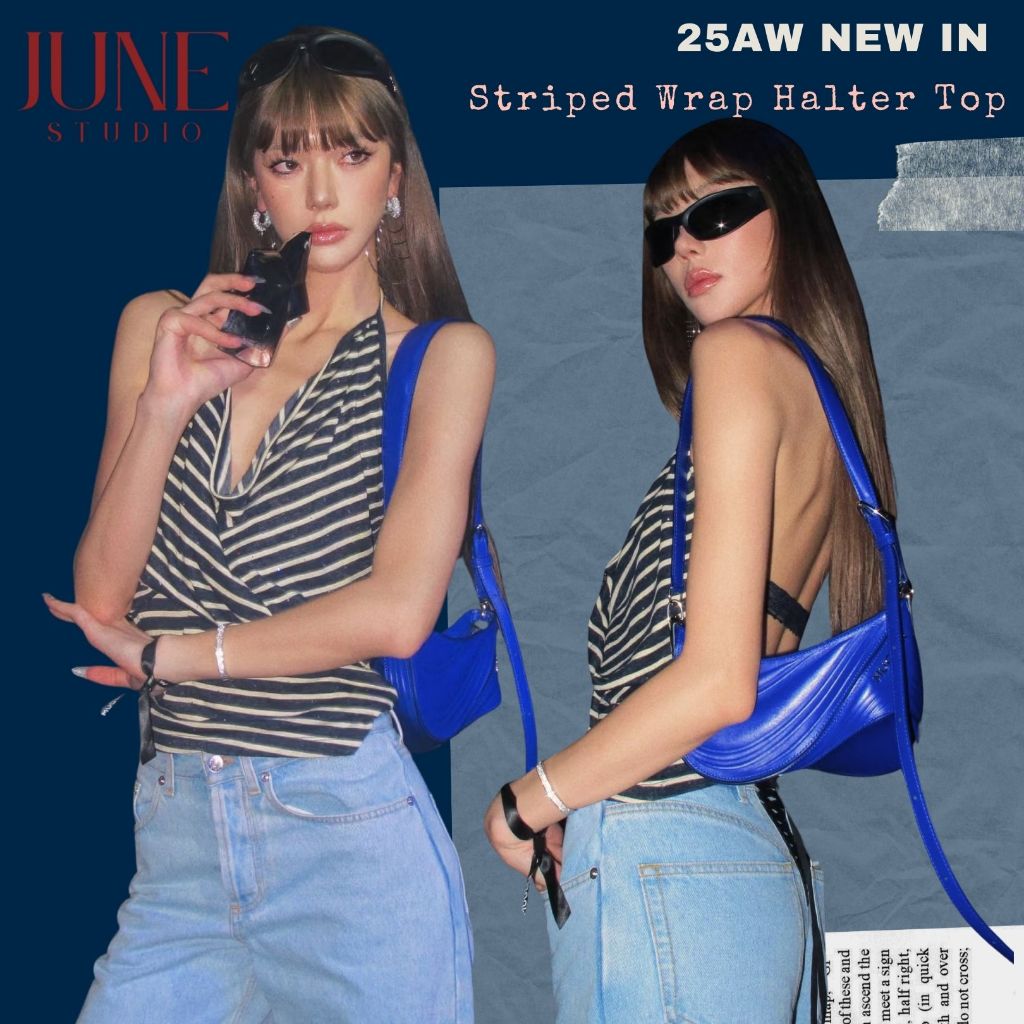เสื้อสายเดี่ยวคล้องคอ ลายทาง ถักนิต ผู้หญิง สไตล์ฝรั่งเศส เกาหลี Y2K เซ็กซี่ เข้ารูป [June Studio]