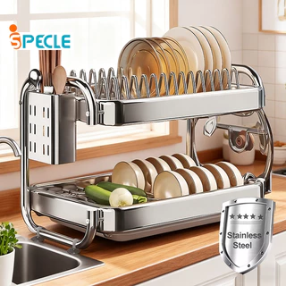 iSPECLE ชั้นวางจานสแตนเลสทรง C 2/3 ชั้น สำหรับเคาน์เตอร์ครัว พร้อมที่ใส่ตะเกียบ ที่วางเขียงและถาดรองน้ำ