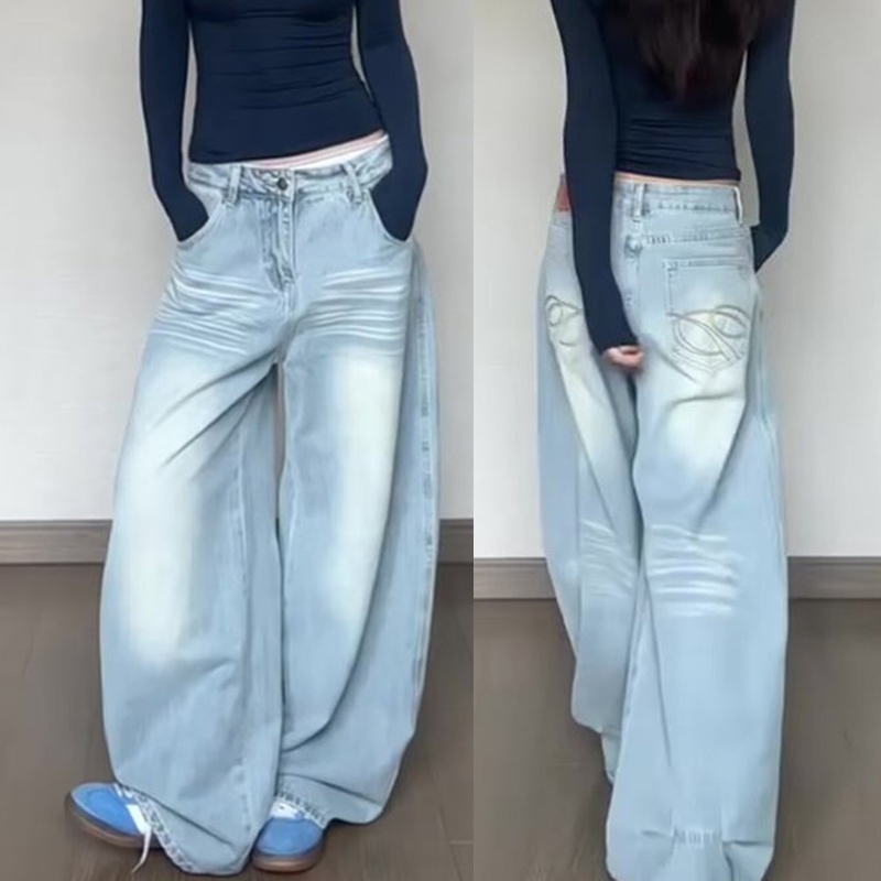 กางเกงยีนส์สีฟ้าอ่อน ทรงหลวม สไตล์อินเทรนดี้