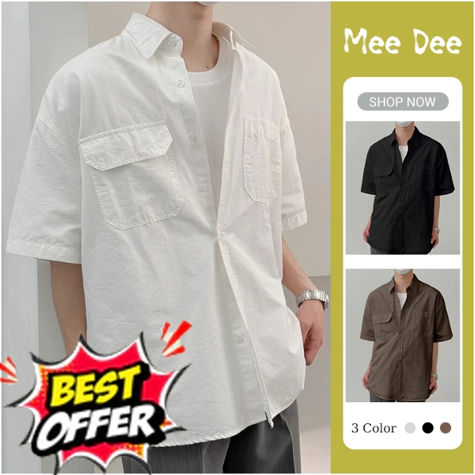 เสื้อเชิ้ตแขนสั้นพื้นสี ทรงหลวม มีกระเป๋าหลายช่อง เหมาะทั้งทำงานและวันหยุด