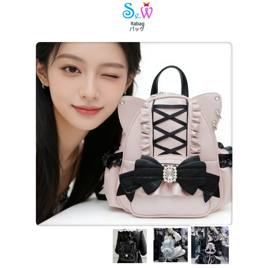 [พร้อมจัดส่ง] Se.W Women Bag Backpack Lolita ใหม่สไตล์ญี่ปุ่นน่ารัก ที่ดิน ลูกไม้แมวหูกระเป๋าเป้สะพายหลังนักเรียนเดินทางความจุขนาดใหญ่กระเป๋าเป้สะพายหลังของขวัญ