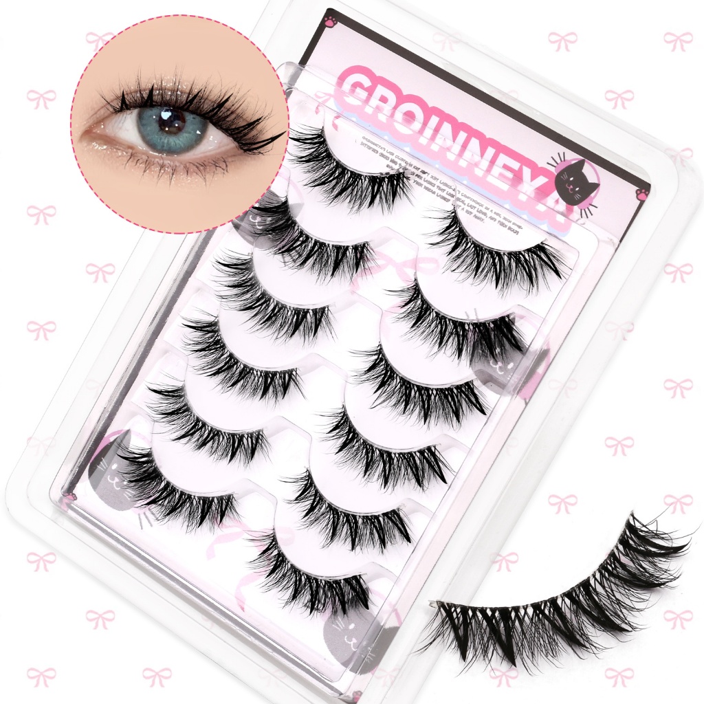 GROINNEYA ขนตาธรรมชาติอะนิเมะ Cat Eye Lashes ยาว Curvy Lashes บาง Band Gorgeous Eyelash Extension