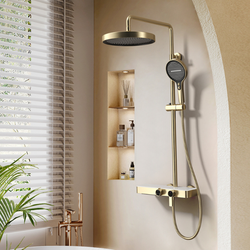 ชุดก๊อกน้ําฝักบัวทองเหลือง Brushed Gold Pressure Multi-Function Handheld Sprayer 10 นิ้ว ฝักบัวด้านบน