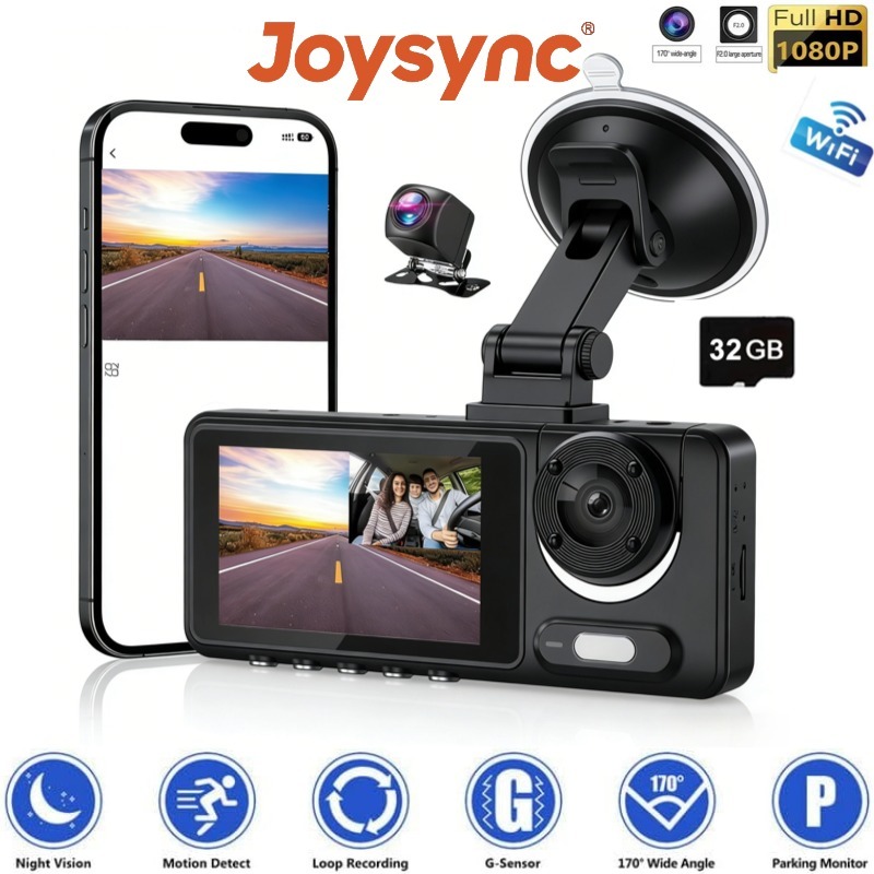 Joyync S15 Dash Cam ด้านหน้าและด้านหลัง, กล้องติดรถยนต์พร้อมการ์ด 32GB, กล้อง Dash 3 ช่องสําหรับรถยนต์, G-Sensor, หน้าจอ 3IPS, ที่จอดรถ 24 ชม., 170°มุมกว้าง บันทึกวนซ้ํา IR Night Visio