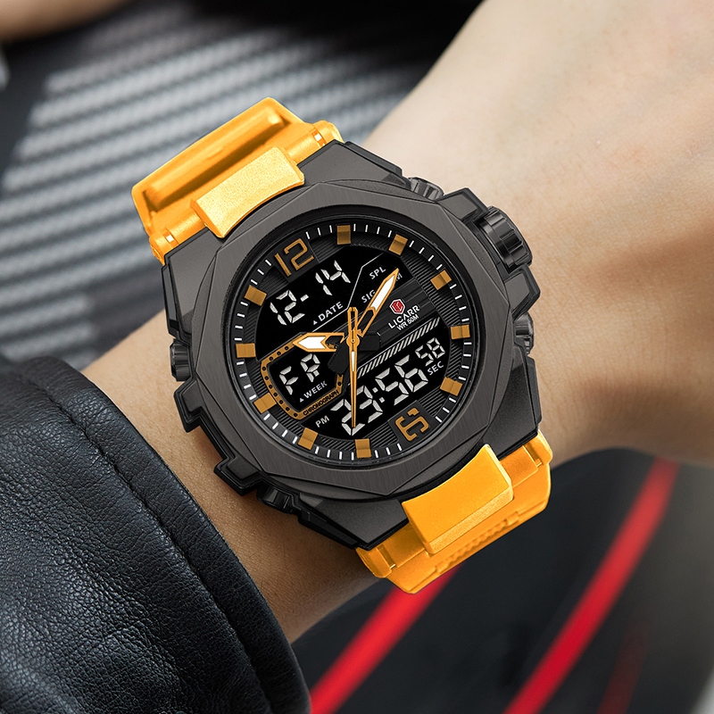 ลิการ์ กีฬากันน้ํานาฬิกาผู้ชายแบรนด์ชั้นนําปลุกปฏิทินแสงจอแสดงผลคู่นาฬิกาจับเวลา 9542