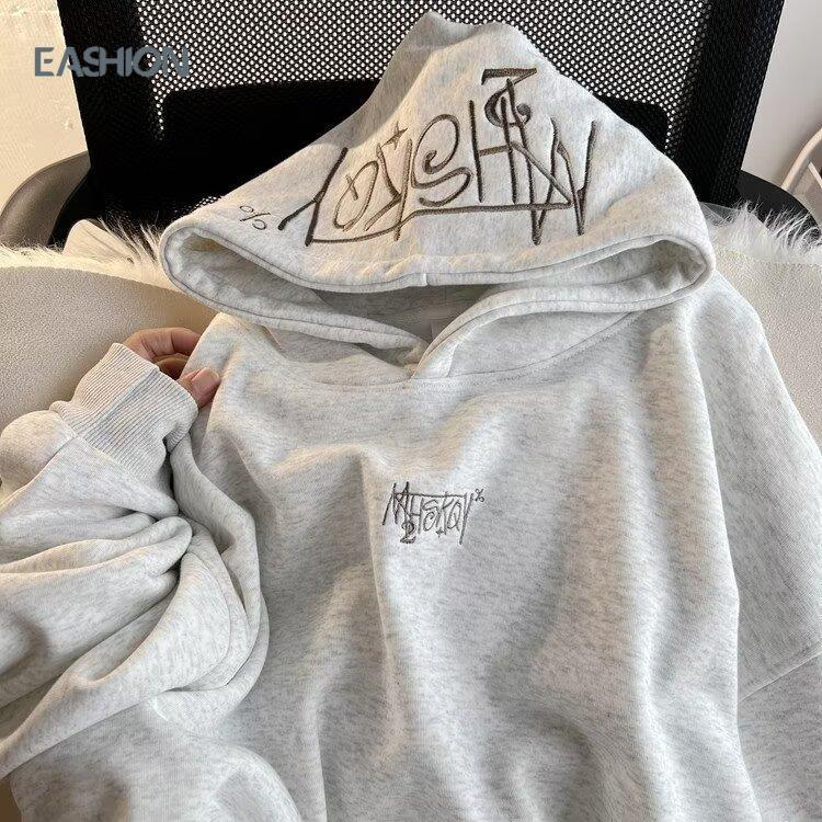 Eashion เสื้อฮู้ดดี้แขนยาว แบบสวม ผ้าหนา แฟชั่น กันแดด กันหนาวได้ เสื้อกันหนาวแขนยาว