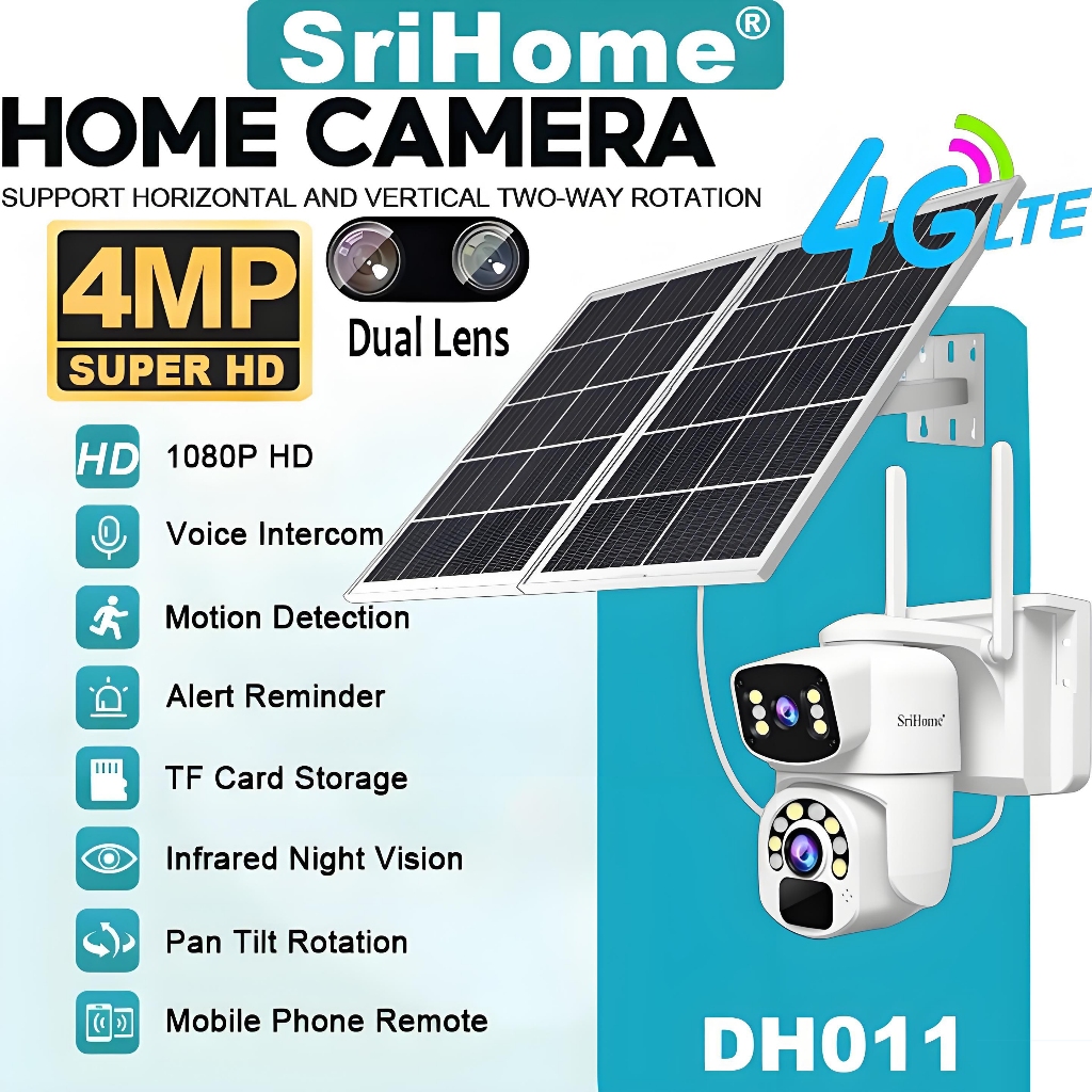 SriHome DH011 Solar Dual Lens กล้องวงจรปิด 4MP HD Outdoor Waterpro ไม่มี WIFI Needed Night Vision Tw