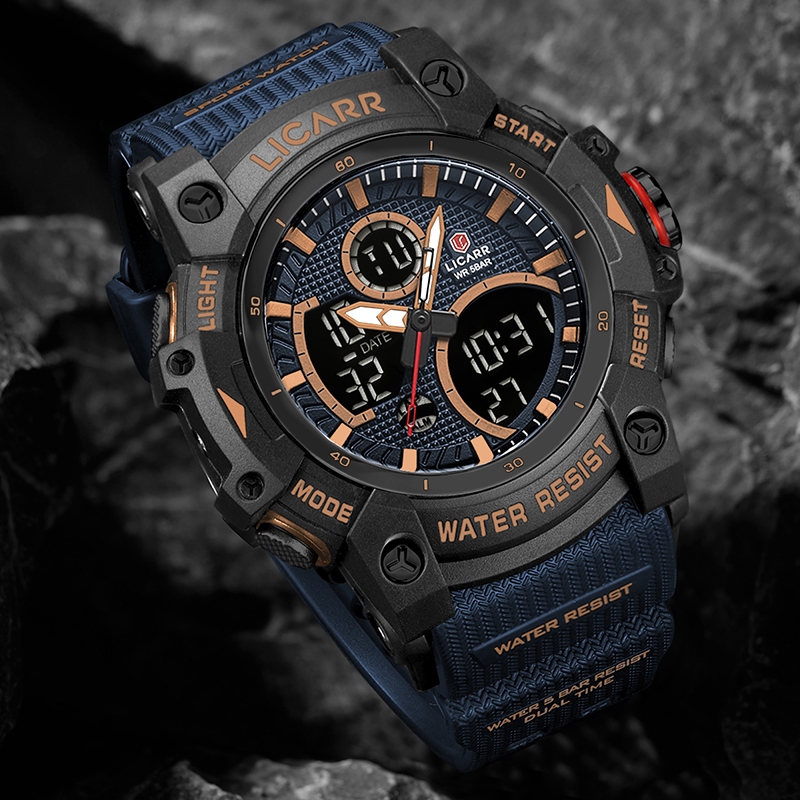 LICARR แฟชั่นชั้นนํานาฬิกาผู้ชายกีฬากันน้ํานาฬิกาปลุกกันกระแทกนาฬิกาจับเวลาควอตซ์ดิจิตอล 9538