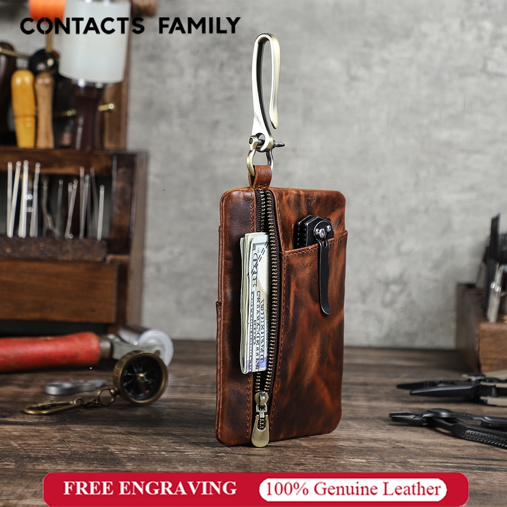 CONTACTS FAMILY กระเป๋าจัดระเบียบ EDC หนังแท้สําหรับพกพาทุกวันผู้ถือเงินสดเข็มขัด Loop & Carabiner