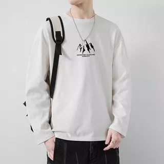 แฟชั่นคอกลมแขนยาวเสื้อยืดเรียบง่ายพิมพ์ลายแขนยาวหลวมด้านบนผู้ชายฤดูใบไม้ร่วงที่อบอุ่นประเทศไทยจัดส่งที่รวดเร็ว