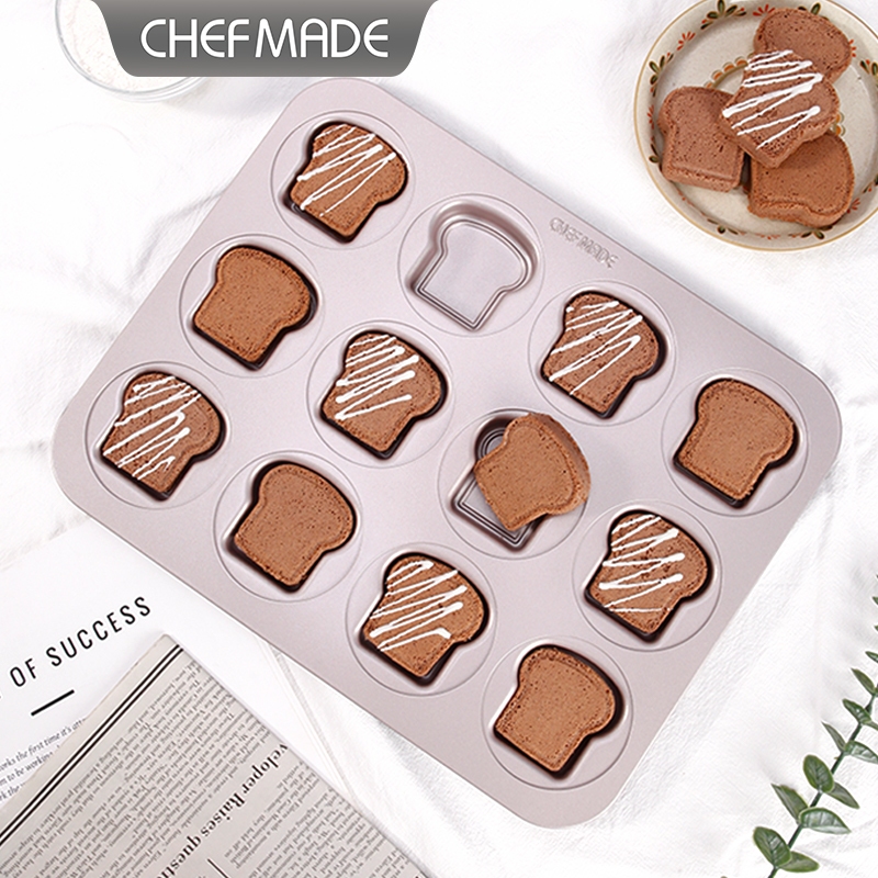 CHEFMADE แม่พิมพ์เค้กก้อน 12 ถ้วย แม่พิมพ์เค้กรูปขนมปังขนาดเล็กไม่ติด - เครื่องล้างจานปลอดภัย Non-Stick Mini Bread Shape WK10088