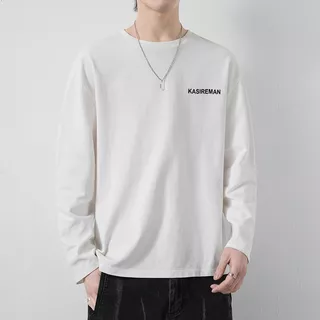 แฟชั่นคอกลมแขนยาวเสื้อยืดเรียบง่ายพิมพ์ลายแขนยาวหลวมด้านบนผู้ชายฤดูใบไม้ร่วงที่อบอุ่นประเทศไทยจัดส่งที่รวดเร็ว