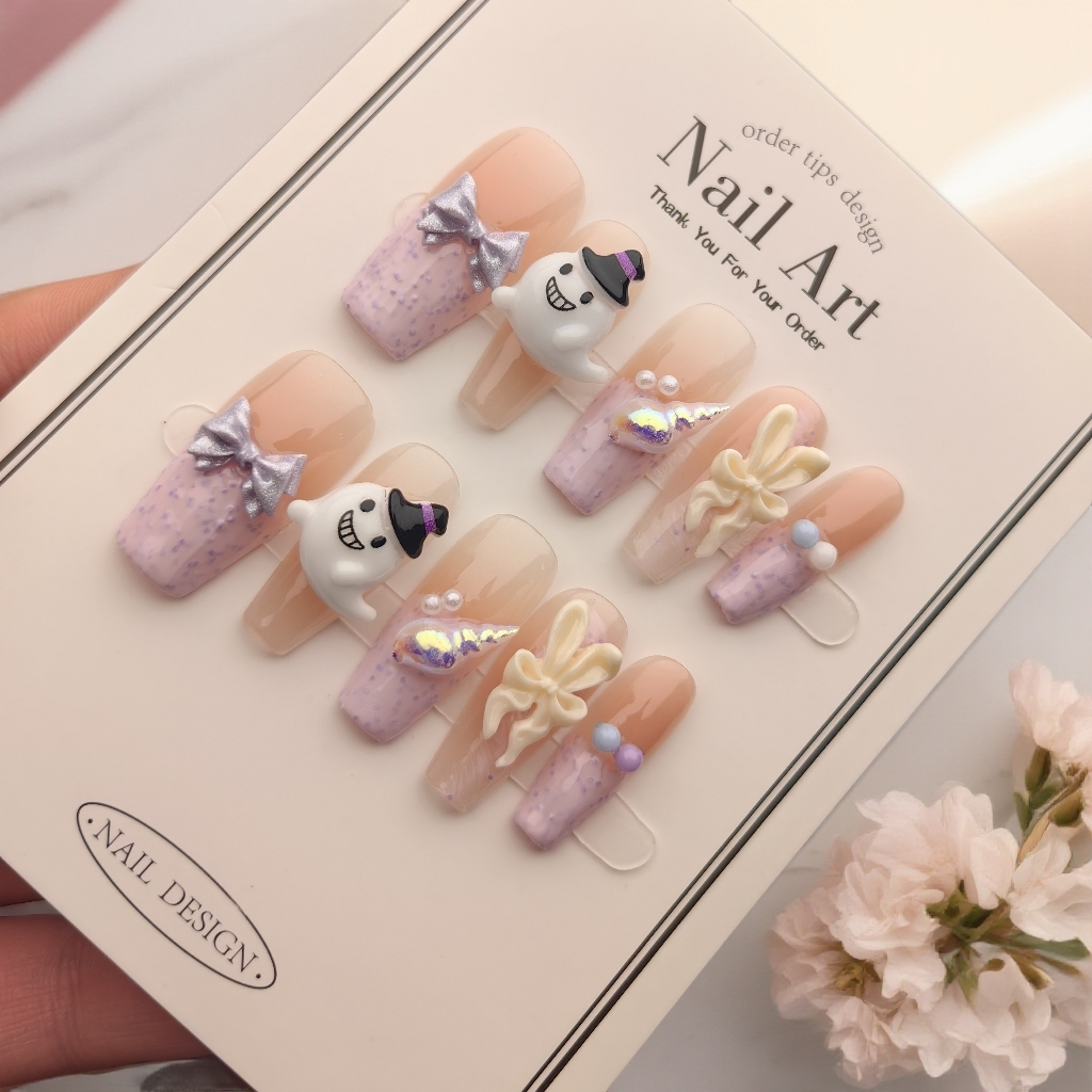 Pure Handmade French Purple Bow น่ารักการ์ตูนที่ถอดออกได้เล็บ Patch