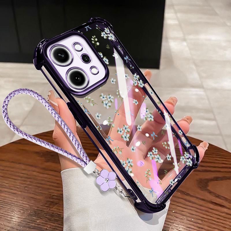 VRQR สําหรับ Oppo Reno14 Reno15 F 5G Reno 14 15 Pro 5G 14F 15F ดอกไม้พิมพ์กันกระแทกใสเคสโทรศัพท์พร้อมเชือกดอกไม้