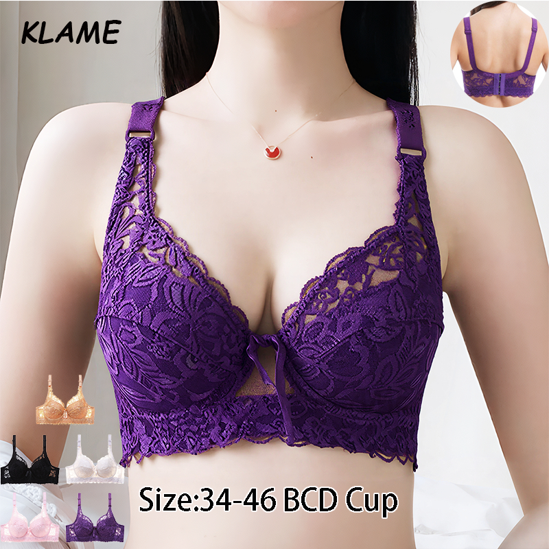 бюстгальเตอร์ KLAME ไซซ์ 34-46 BCD สำหรับผู้หญิง แบบ V คอปรับสาย พush up ถ้วยบาง และเนื้อผ้าลายลูกไม