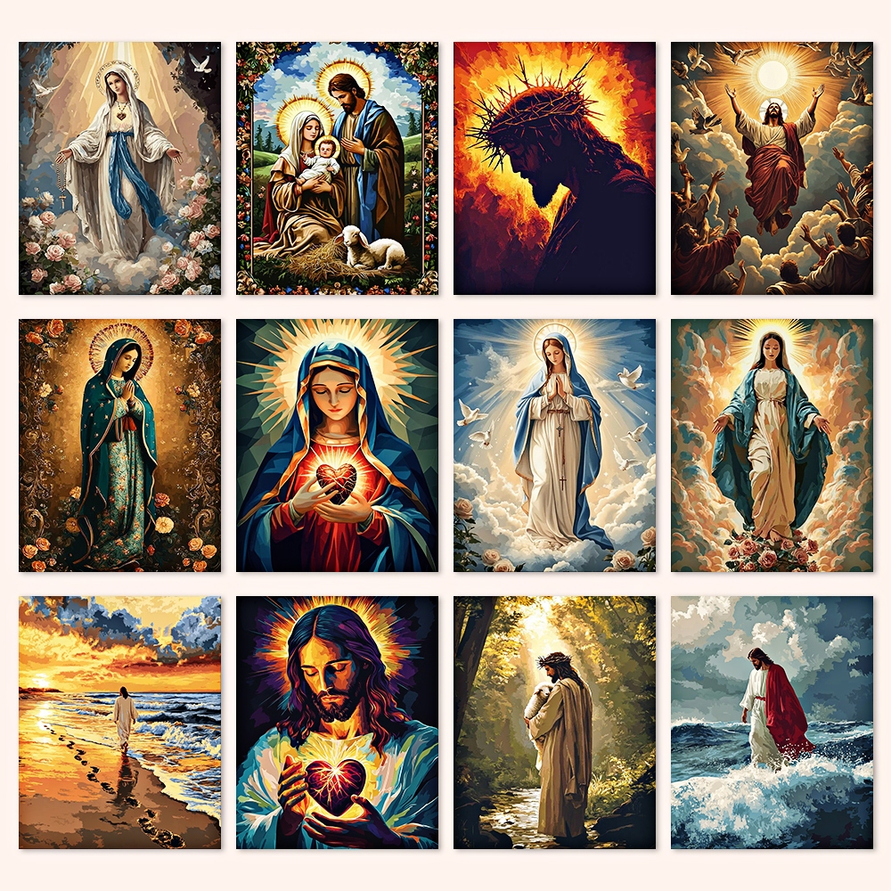 Christianity / ระบายสีตามตัวเลข / Virgin Mary Jesus Wall Art / ภาพวาดผ้าใบ / ตกแต่งห้องนั่งเล่น / ตกแต่งบ้าน