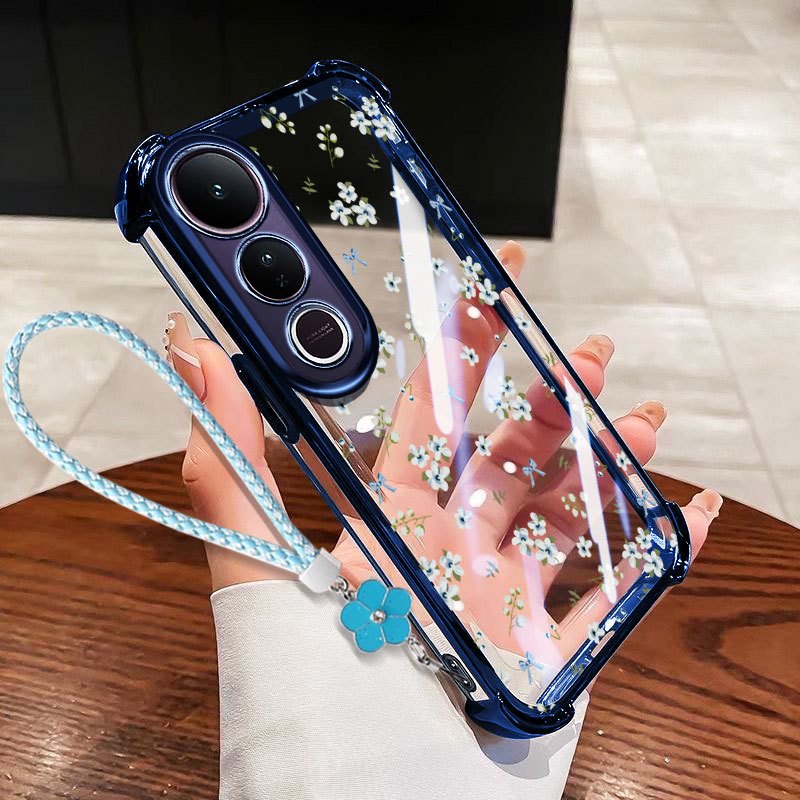 VRQR สําหรับ Vivo V50 Lite 5G 4G V50E V40 Lite 4G 5G V40 Pro 5G พิมพ์ดอกไม้กันกระแทกใสเคสโทรศัพท์พร้อมเชือกดอกไม้