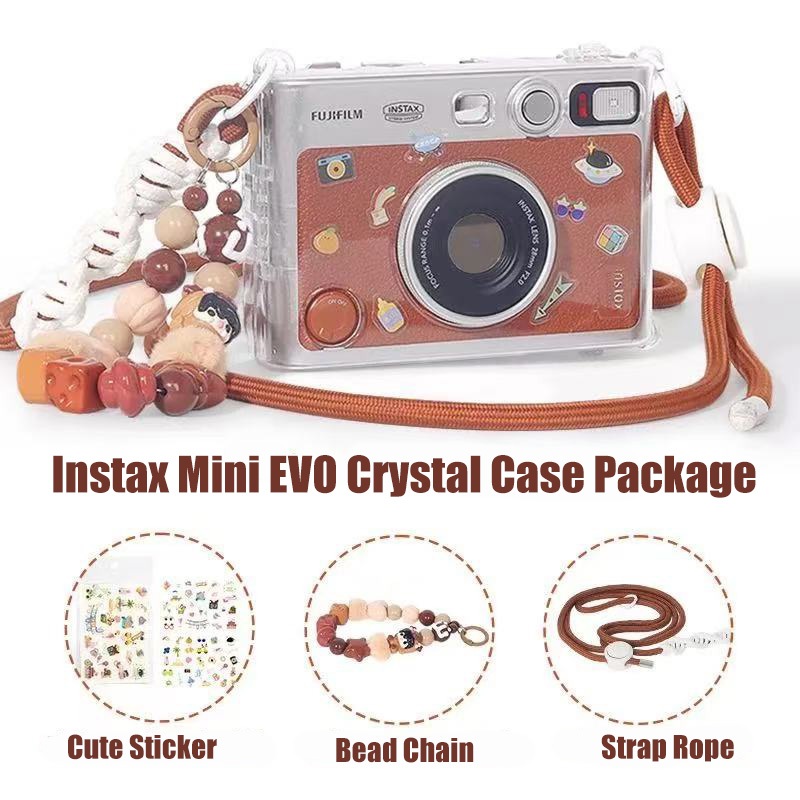 Fujifilm Instax Mini Evo Clear Case Casing Protective Cover With Screen Protector, Strap Rope+Chain+Sticker