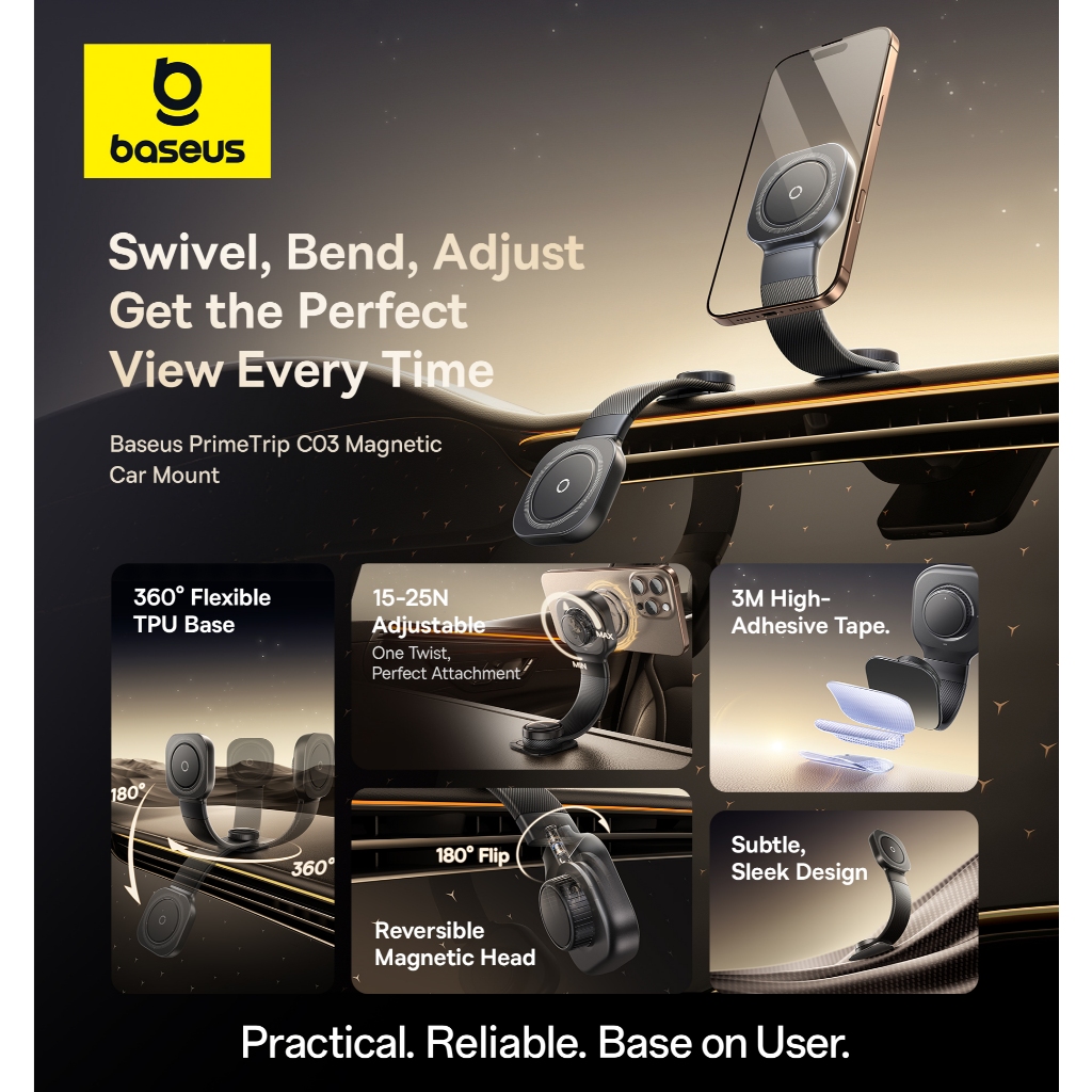 Baseus PrimeTrip C03 / C03 Pro ที่วางโทรศัพท์ในรถยนต์แบบแม่เหล็ก / แม่เหล็กชาร์จไร้สาย ติดแดชบอร์ด หมุนได้ 360° ปรับได้ ยึดแน่น