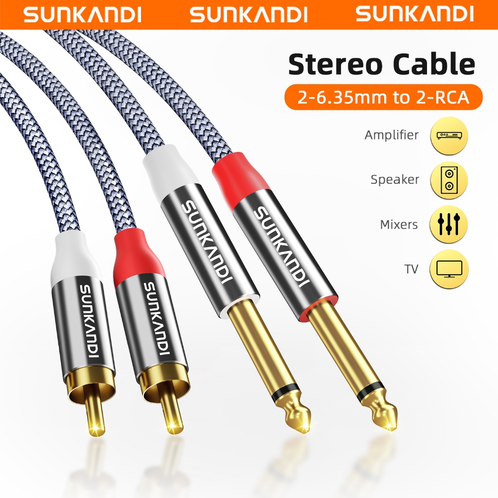 SUNKANDI AUX Jack 2RCA to Dual 6.35 มม.TS สายสัญญาณเสียงสําหรับลําโพง VCD TV