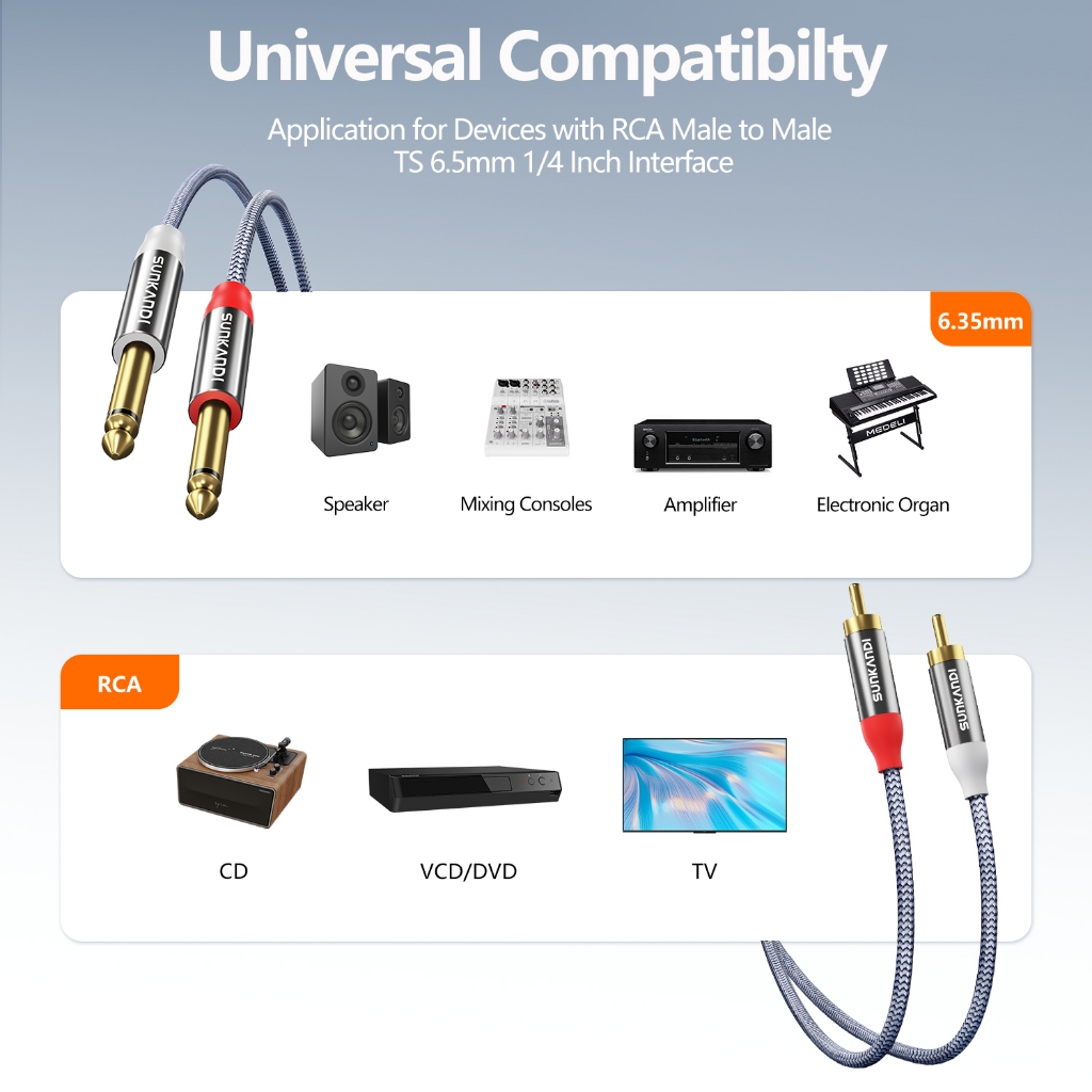 Sunkandi 2 สายสัญญาณเสียงชาย 6.35 ของ RCA ตัวผู้เป็นคู่ใช้สําหรับเครื่องขยายเสียง - รูปที่ 2