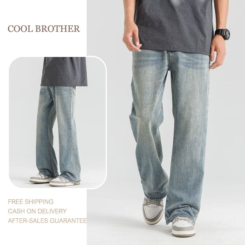[COOL BROTHER]กางเกงยีนส์ผู้ชาย สไตล์อเมริกัน ทรง Straight Fit ขยายสบาย แฟชั่น High Street ใส่ได้ทุกฤดู