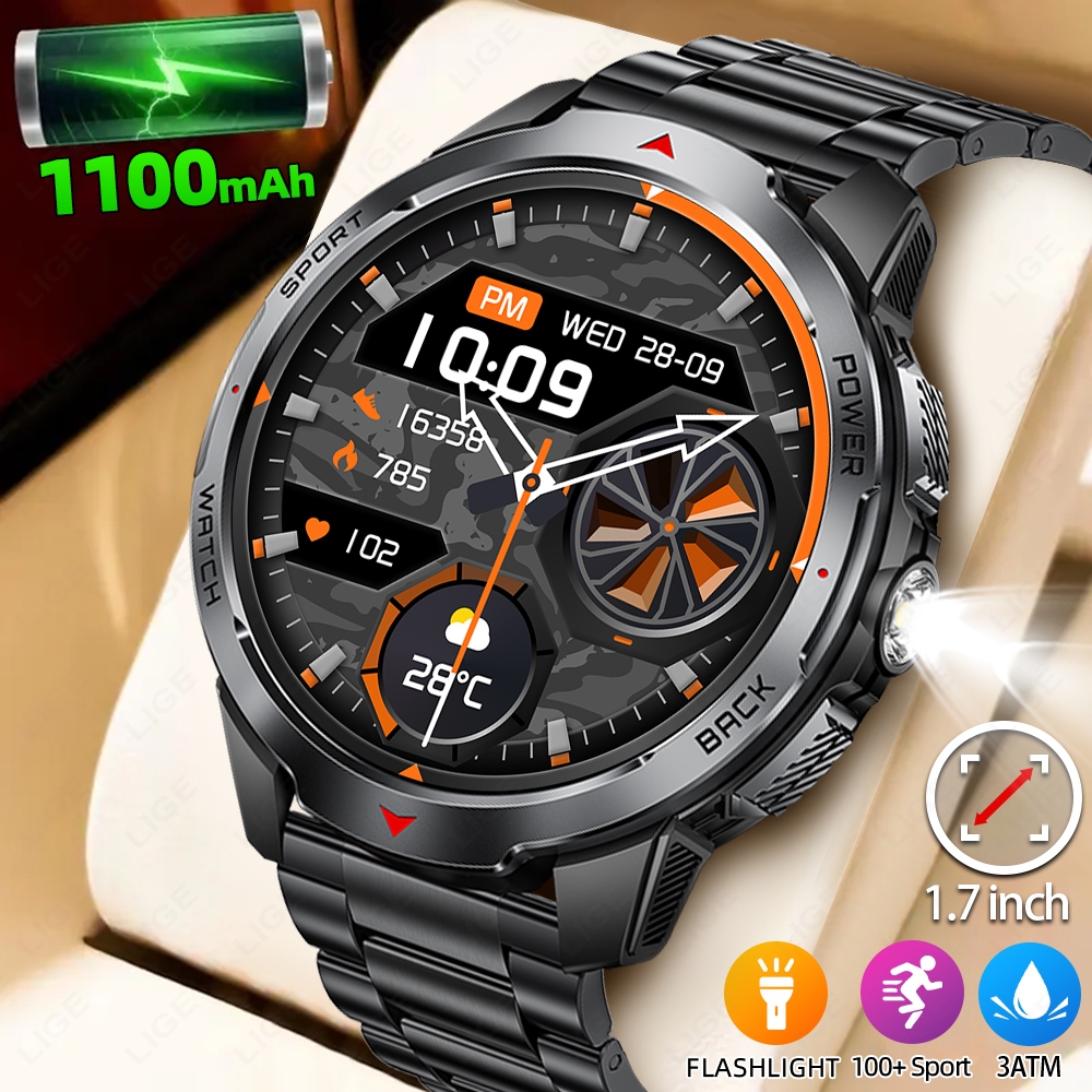 LIGE สมาร์ทวอท์ชผู้ชาย เครื่องวัดอัตราการเต้นของหัวใจ 1100mAh ไฟฉาย LED เข็มทิศกันน้ํากีฬา นาฬิกาสมาร์ทวอทช์