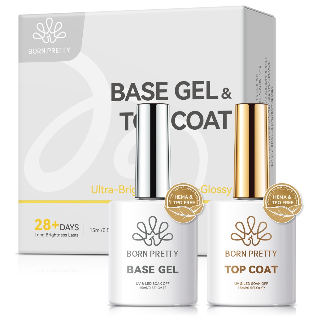 BORN PRETTY 15ml No Wipe Top Coat Base Gel Nail Polish 2pcs Set Shiny Gel Polish กึ่งถาวรเล็บเจล