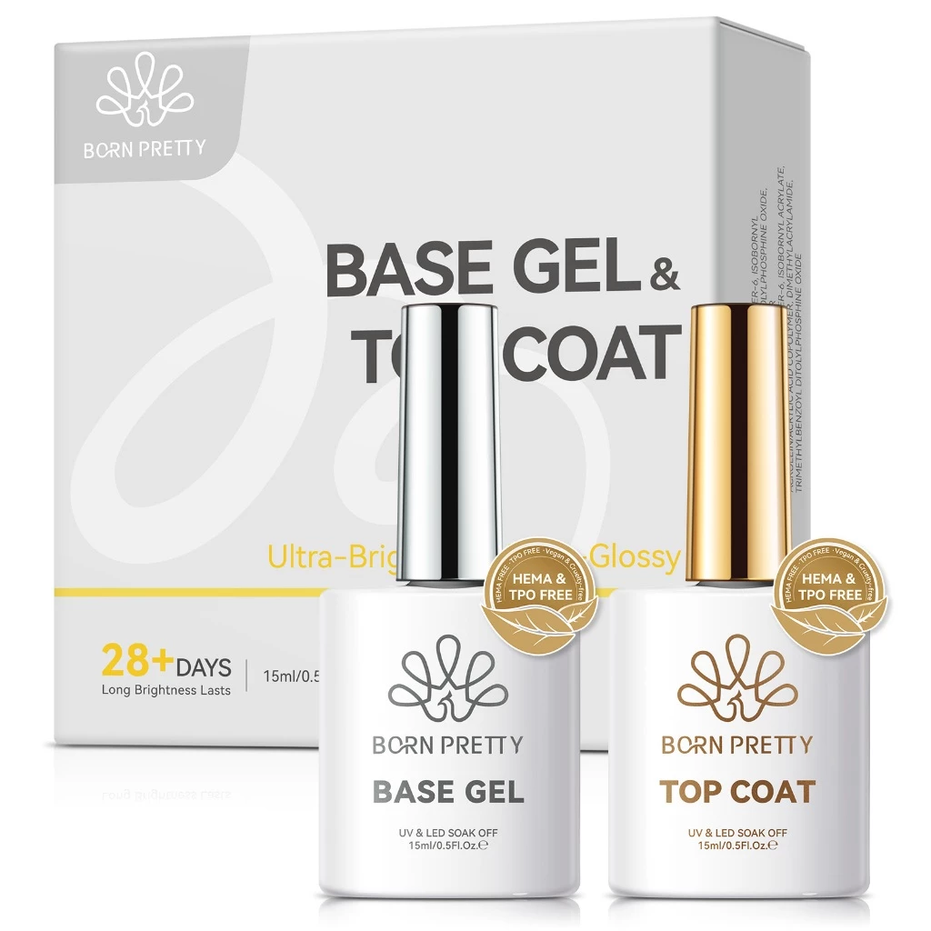 BORN PRETTY 15ml No Wipe Top Coat Base Gel Nail Polish 2pcs Set Shiny Gel Polish กึ่งถาวรเล็บเจล