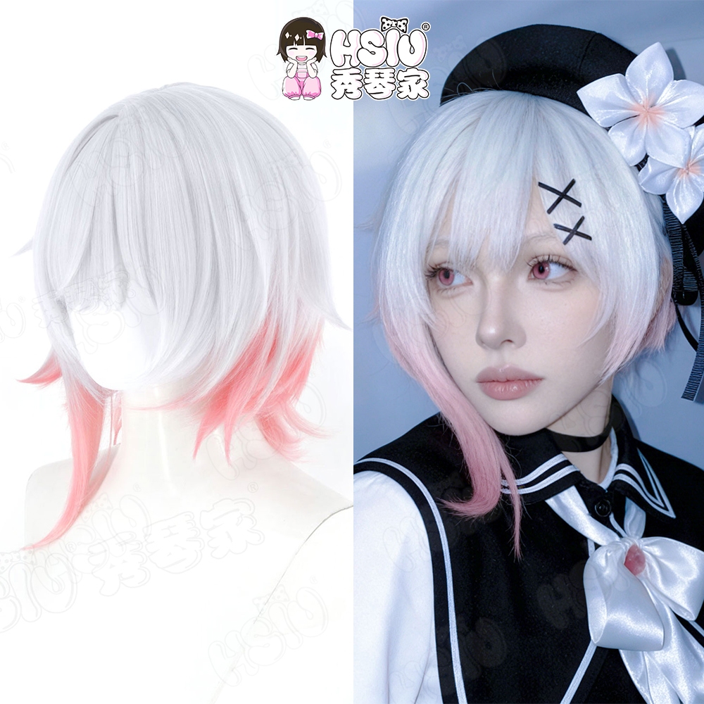 Sakuraba Ema คอสเพลย์วิกผม HSIU ผมสั้นสีฟ้าและเงินวิกผมสังเคราะห์ทนความร้อน + หมวกวิกผม Magical Girl