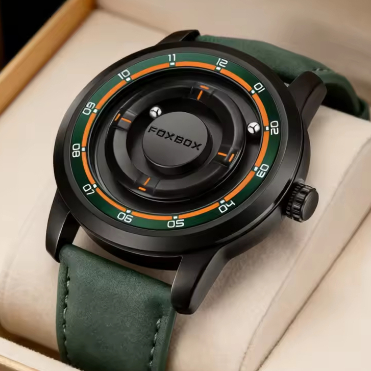 FOXBOX นาฬิกาผู้ชาย Original กันน้ําแฟชั่น Creative Scrolling Pointer Magnetic Force WristWatch