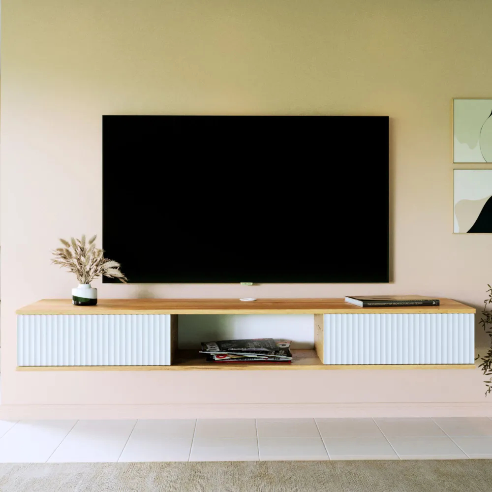 ชั้นวางของตู้วางทีวีกลวงติดผนังพร้อมที่เก็บของด้านข้าง ทีวีตู้ติดผนังเฟอร์นิเจอร์ที่เป็นมิตรต่อสิ่งแวดล้อม ดีไซน์โรงแรม ตู้ - รูปที่ 2