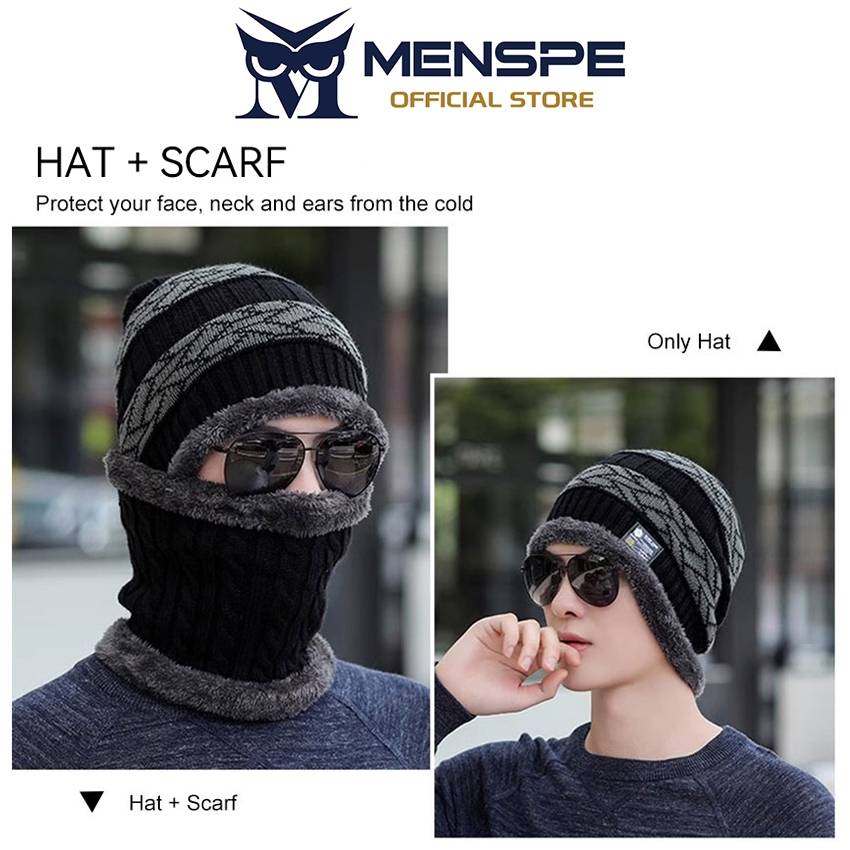 MENSPE طقم قبعة ووشاح شتوي محبوك مبطن — صورة 4