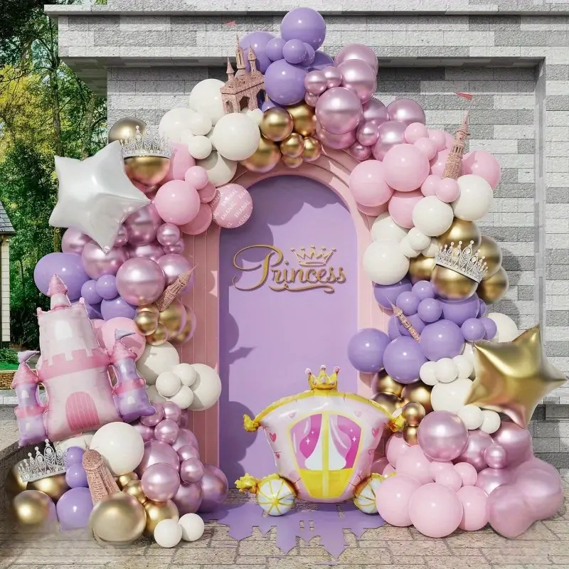 145ชิ้นเจ้าหญิงปราสาทธีมบอลลูนพวงหรีดโค้งชุด-สีชมพู, นกแก้ว สีม่วง, โลหะสีชมพู, และลูกโป่งทองที่มีปราสาทและการออกแบบฟอยล์ดาวเหมาะสําหรับงานว