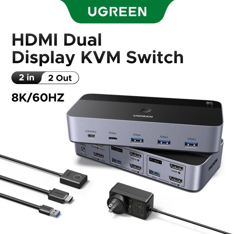 UGREEN 8K@60Hz Dual HDMI 2.1 KVM Switch Ultra HD USB 3.0 Dual-Monitor Input/Output Desktop Controller เข้ากันได้กับระบบ Windows /Linux/MacOS