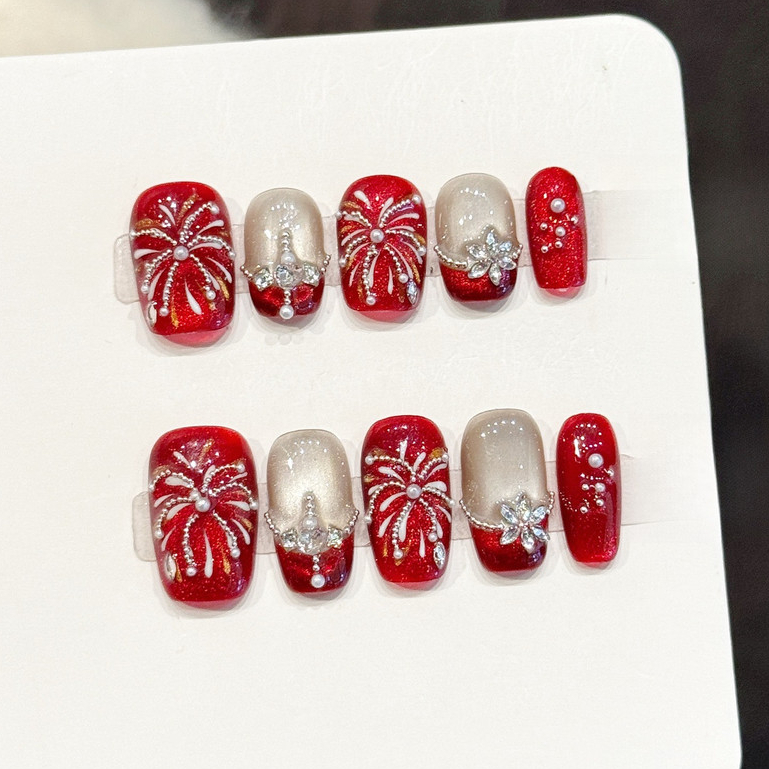 Free Shipping ✨  Handmade nails! Fireworks pattern, New Year atmosphere, fake nails