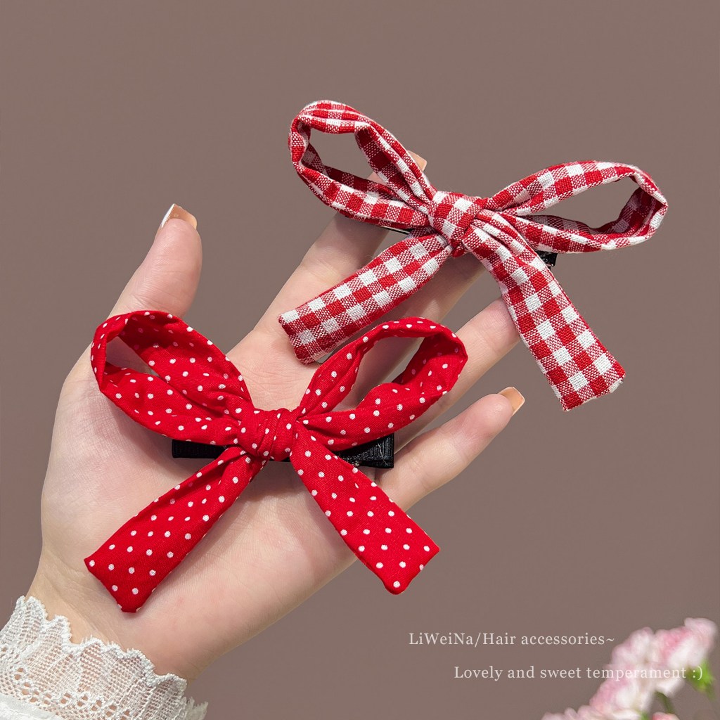 คลิปผ้าโพกศีรษะลายจุดสีแดงโบว์ สไตล์หวานน่ารัก สำหรับหญิงด้านเรียบ