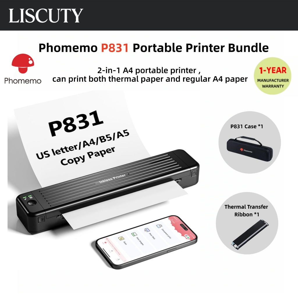 Phomemo P831 ชุดเครื่องพิมพ์ A4 แบบพกพาพร้อมเคส-2-in-1,รองรับทั้งกระดาษความร้อนและกระดาษ A4 ปกติ,เคร
